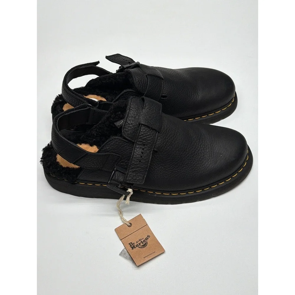 Dr Martens Black Leather Fur Lined Clog Sandal Mens Size 13 Adjustable Strap NWT